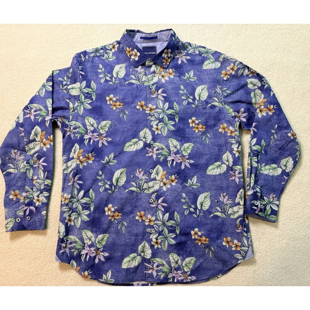Tommy Bahama Mens L Blue Floral Long Sleeve Button Down Shirt Tropical Summer